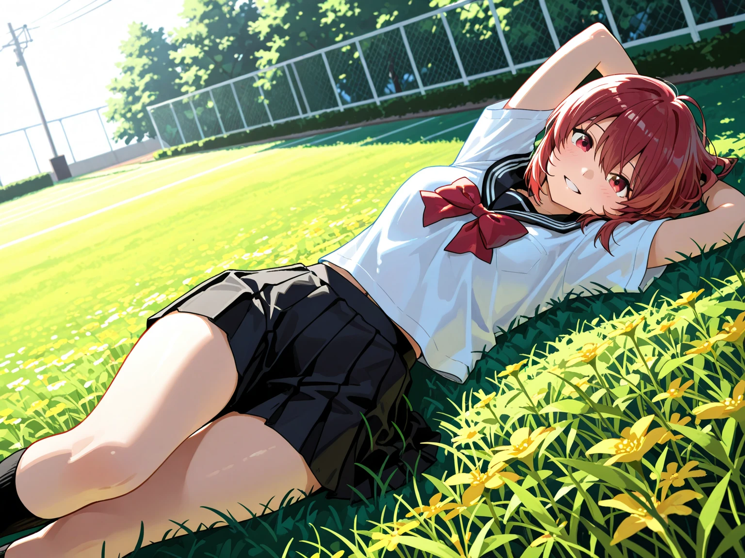 absurdres, highres, BREAK cowboy shot BREAK (vivid-color:1.3) BREAK (one girl:1.3), (loli:1.2),red hair, blue eyes, tennis uniform, playing tennis, hairclip, earrings, jewelry, nm1, hair ribbon, short hair, tennis cosplay, (pleated super short skirt:1.4), (thighs:1.3), (large ass:1.3), (((Very pretty panties))), large breasts, (smile face:1.3), open mouth, (breast:1.3), ass, round eyes, (blowing in the wind:0.5), sweat around girl, dripping sweat, squall (wind:1.2), sense of speed, refreshing breeze, motion blur effect, wind BREAK background is (tennis court:1.3), (Stand in the center of the screen:1.3), blue sky with clouds, outdoors, (magnificent panorama view:1.2), wind BREAK sunlight, magnificent view, rainbow in the sky, light particles, dynamic angle, dutch angle, perspective BREAK (daytime, sunbeam:1.2), depth of field, bokeh, light leaks, (chromatic aberration:1.2), noon BREAK