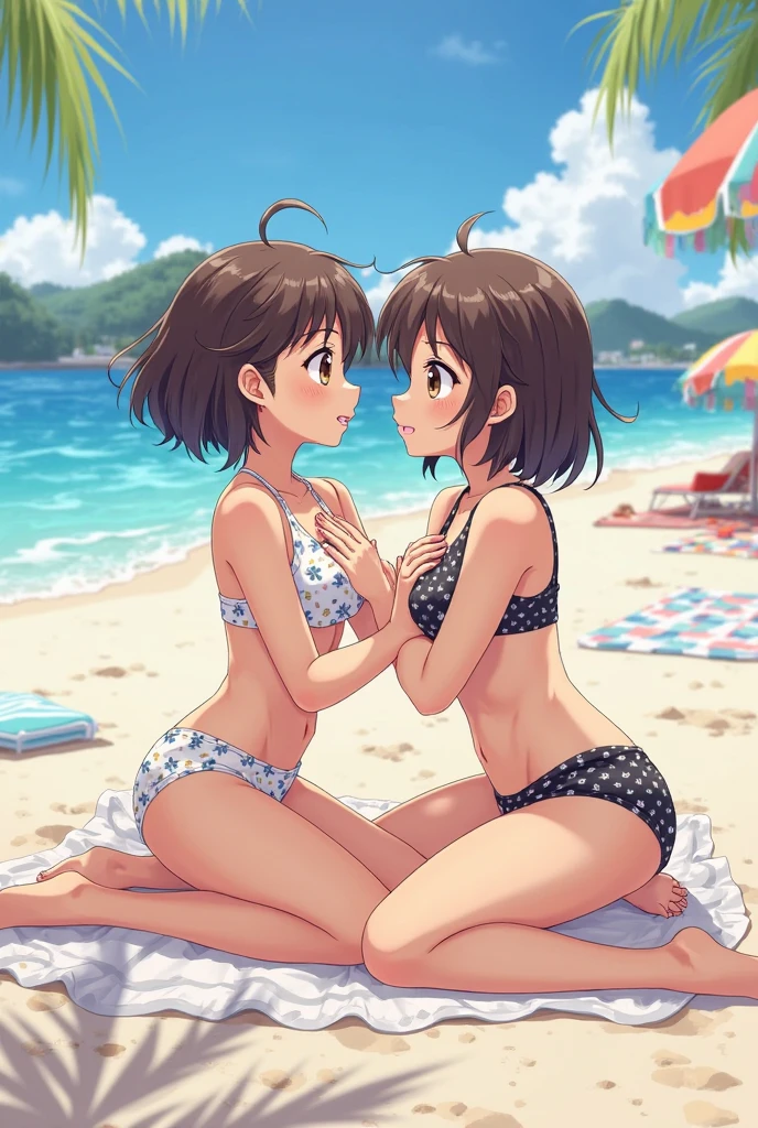 (orgasm face), two cute twins leaning, (eyes realistic sizing, drooping eyes), (wet tee-shirt), flower bikini, sunny sky, soft light, beach, open mouth, crying, long hair, necklace, (small breasts), (lying)