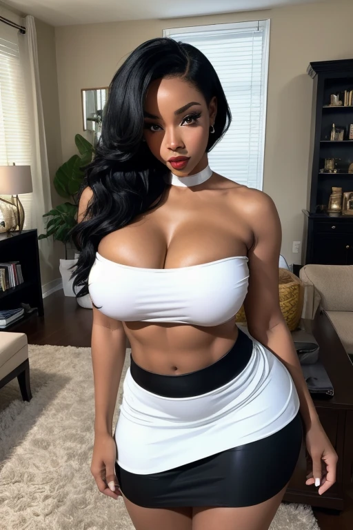 a stunningly gorgeous black:1.5 woman,((breathtaking (beauty):1.5)),perfect face,with ((long black hair)),shiny skin,titillating curves,(((hourglass body shape))),(wide hips),irresistible ((thick thighs:1.4)), juicy body,(((extraordinarily large breasts))),huge breasts,(((gigantic sagging breasts))),bigfaketits, sh33rl1ng3r13, seethru dress,wearing an arousing tight ((little white micro:1.5 dress)) that is way too small to cover sensitive Erogenous areas, and wearing a silky revealing dress that is swallowed up by her tight body, provocative sitting pose, slutty dynamic cross-legged pose that shows her entire smooth silky legs up to her lusty thighs, all the way to her inviting coochie, with her hand on her hip highlighting her enchanting sexuality, mesmerizing eyes,luscious Sephora lip-gloss makes her plump lips enticing, her dark Huda Beauty mascara makes her carnal stare fill one with desire, her foxy expression and flirtatious smirk would make anyone fall in love with her, the soft bedroom lamp behind her in the background of her Highrise studio at night time in the dark room emphasizing her sensuality and beauty as a high-priced courtesan, Masterpiece:1.5, 8k, highres,best quality,highres,ultra-detailed,soft lighting,((More Detail, enhance_all, fix_everything)), Enhance