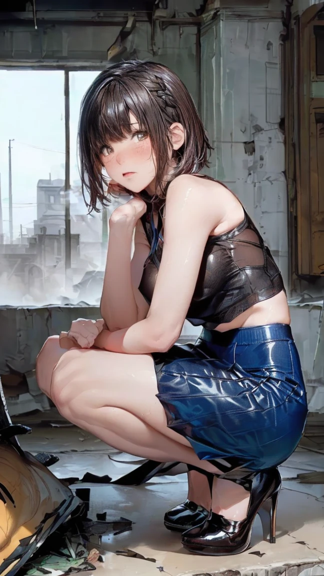 {(masterpiece,best quality, 8K UHD, extremely detailed CG, detailed beautiful face and eyes and skin and hair)},{(kyoani style:1.2),(ultra realistic photo graphic:1.4)}, 1girl, slender body, (flat chest:1.4), office worker, profile, (black lace_panties:1.2), {(lean back:1.4), (crouching and spread legs:1.4),(lift up the skirt:1.4)}, {(suffer:1.2), (be patient:1.3),clenching jaw}, hand in pants, female masturbation,grabbing own breast,(squarting,splassing,female ,pussy juice:1.1), (align teeth, haif open mouth,half open eyes),(saliva), more prism, vibrant color,hand in pants, female masturbation, grabbing own breast,(dynamic angle:1.4), photorealistic, enako