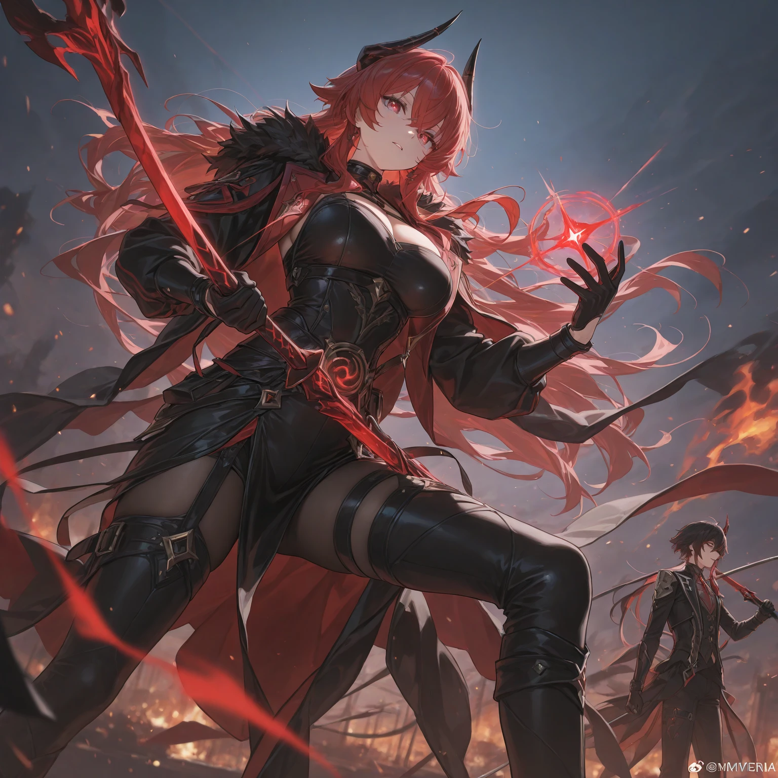 **Anime Art、A space illuminated with vibrant red and purple diagonal lines、One girl、Red Dragon personified、Small horns, red, angular long hair, bangs, large red eyes, a smirking expression、Wears armor that resembles a dragon、Equipped with two large shining Japanese swords、Two-sword fighting stance
