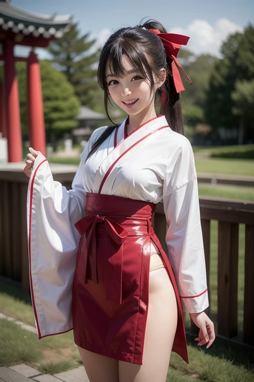 highest quality,ultra - detailed,T Masterpiece,hentai realism,photo rare,the lighting is bright,1 girl, Camera color temperature 3800k、very beautiful 17 year old girl, (cute:1.1),thin smile, (brown eyes),(dark brown hair),(By bangs),perfect shiny shiny skin,perfect skin,((erotic,sexy and sexually explicit)),((accurate pointer，No discomfort)), (((神社のShrine maiden figure))),thin waist, look at viewer,((Shrine maiden figure、Buttocks exposed)),((big butt)),(Crawling on all fours with your back turned),（The fingers are５Book、腕は左右一Book）