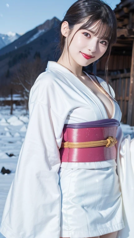 (((A beautiful woman crouching on a dark mountain in a pure white thin kimono with little exposed skin in the middle of the night))),(((A Yuki-onna, who looks great in a pure white kimono, is sitting staring at me from a distance in the darkness of a blizzard so dark that she can&#39;t see anything in front of her.))),(((muste piece:1.6))),(((Ulsan-6500))),(((perfect anatomy:1.6))),(((Deep depth of field with Hasselblad))),(((sexy waist))),masterpiece,highest quality,ultra high resolution,high detailed portrait,(realistic photo:1.4),(((A tall nose and a beautiful face))),(((long limbs like a model))),The fair-skinned nape of the neck is dazzling,(((A beautiful pure white kimono that shows off the lines of your body stands out.))),pull your chin and smile,((Full body shot from behind)),20-year-old, Her long glossy chestnut hair is tied up and the nape of her neck is sexy.,((Proud F cup breasts )),(I can&#39;t get enough of my waistline),(A scene from a famous Japanese folk tale),(Look over your shoulder and raise the corners of your mouth and eyebrows and smile),detailed eyes,((Gravure photography in the falling snow of a snowy mountain forest)),((long eyelashes,Big eyes,clear double eyelids,((glossy thick lips)),(((perfect anatomy:1.4))),