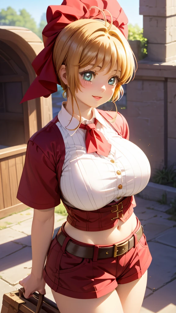 (masutepiece),Best Quality, Expressive eyes, Perfect face, 1girl in,Big Breast, H-cup, good breasts, put hands on the hip,Beautiful, Floating clothes, Autumn Shizuba,Aki Shizuha, Blonde hair, Short hair, Yellow eyes, leaf hair ornament,Red Shirt,Skirt,Long sleeves