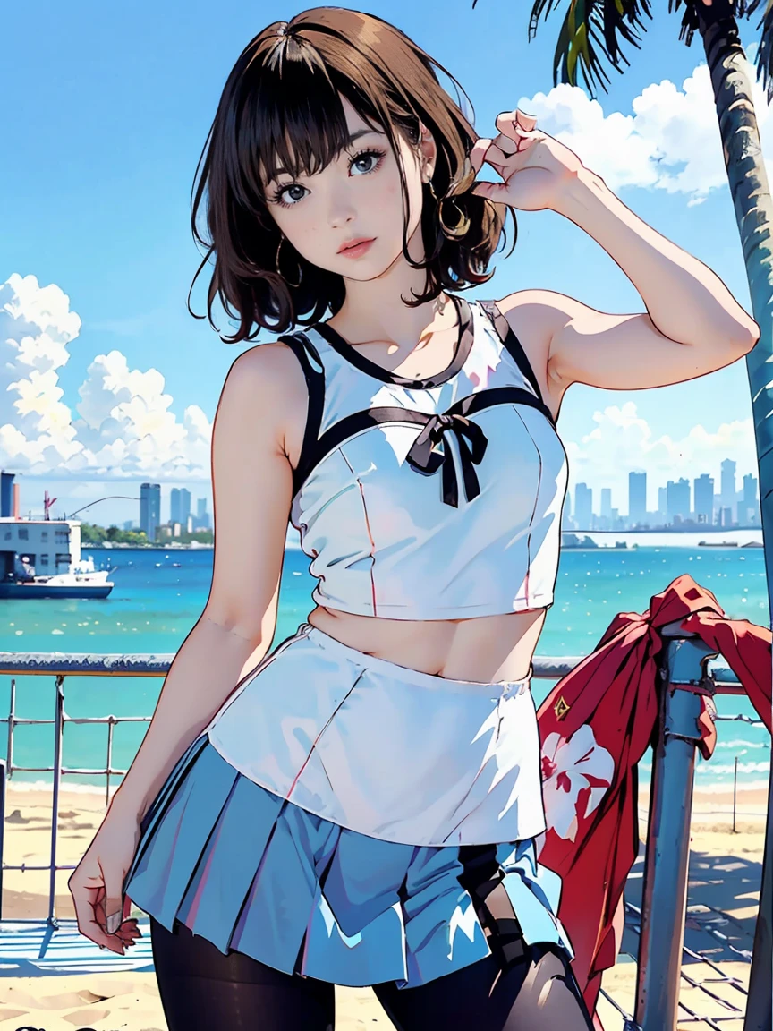 Wearing a white swimsuit, Skyline, sunset,