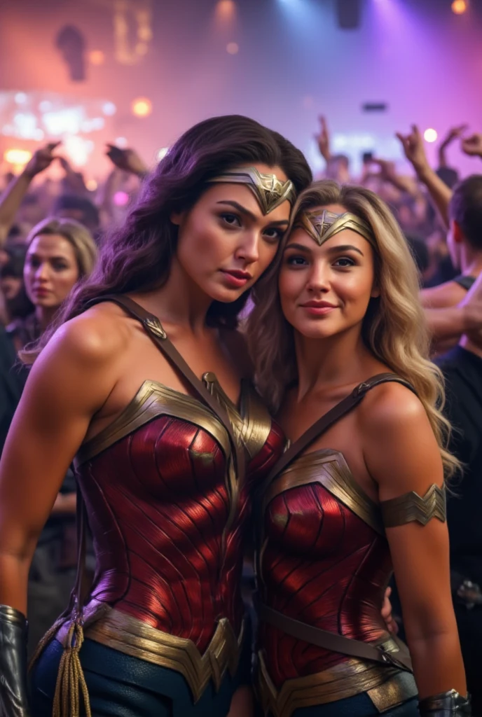 Two women, (Isabel Merced, bob_cut hair), (Gal Gadot, long hair), (big breasts), smiling,party_dress, (full bodyshot), (skin texture:1.1) , (high detail face:1.1), high detail body, high detail clothes), (realistic), ultra high definition, 4k, ultra high resolution