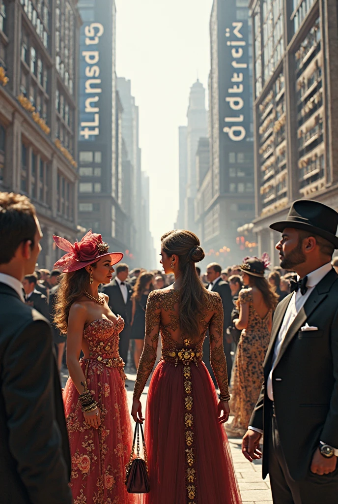 A photorealistic 4K cinematic image capturing a Dolce & Gabbana-inspired photoshoot set in a surreal, futuristic Italian landscape. The scene combines opulent Italian style with cyber-futuristic elements, against a backdrop that blurs the line between reality and fantasy.

The models, a group of strikingly attractive men and women, are dressed in high-fashion outfits featuring rich patterns, intricate embroidery, and bold colors. Their attire is enhanced with futuristic fabrics, metallic accents, and glowing accessories. One woman wears a dramatic gown with gold filigree patterns that pulse with light, her hair adorned with digital roses that glow softly. A man beside her dons a sharply tailored suit with holographic lapels.

The setting is a surreal Italian piazza, where classic architecture meets futuristic design. The ground is a mosaic of digital tiles, reflecting light in dazzling patterns. A lavish table is set with traditional Italian dishes, each with a surreal twist, like glowing pasta and levitating pizza slices, adding a sense of otherworldly luxury.

Above, the sky is a deep twilight, with shifting stars that add to the cinematic atmosphere. Holographic sculptures of iconic Italian symbols float in the background, blending history with futurism. The models' expressions are intense and evocative, highlighted by dramatic lighting that adds depth and emotion.

The overall atmosphere is one of high drama, luxury, and surreal beauty, perfectly capturing a futuristic Dolce & Gabbana-inspired world.

[Lighting: Dramatic twilight with cinematic highlights] [Camera: Wide-angle group shot focused on expressions and details] [Resolution: 4k, hyper-realistic] [Style: Dolce & Gabbana high fashion, surreal Italian futurism, cinematic drama] [Inspiration: Italian luxury, Cyberpunk elements, Surrealism].
