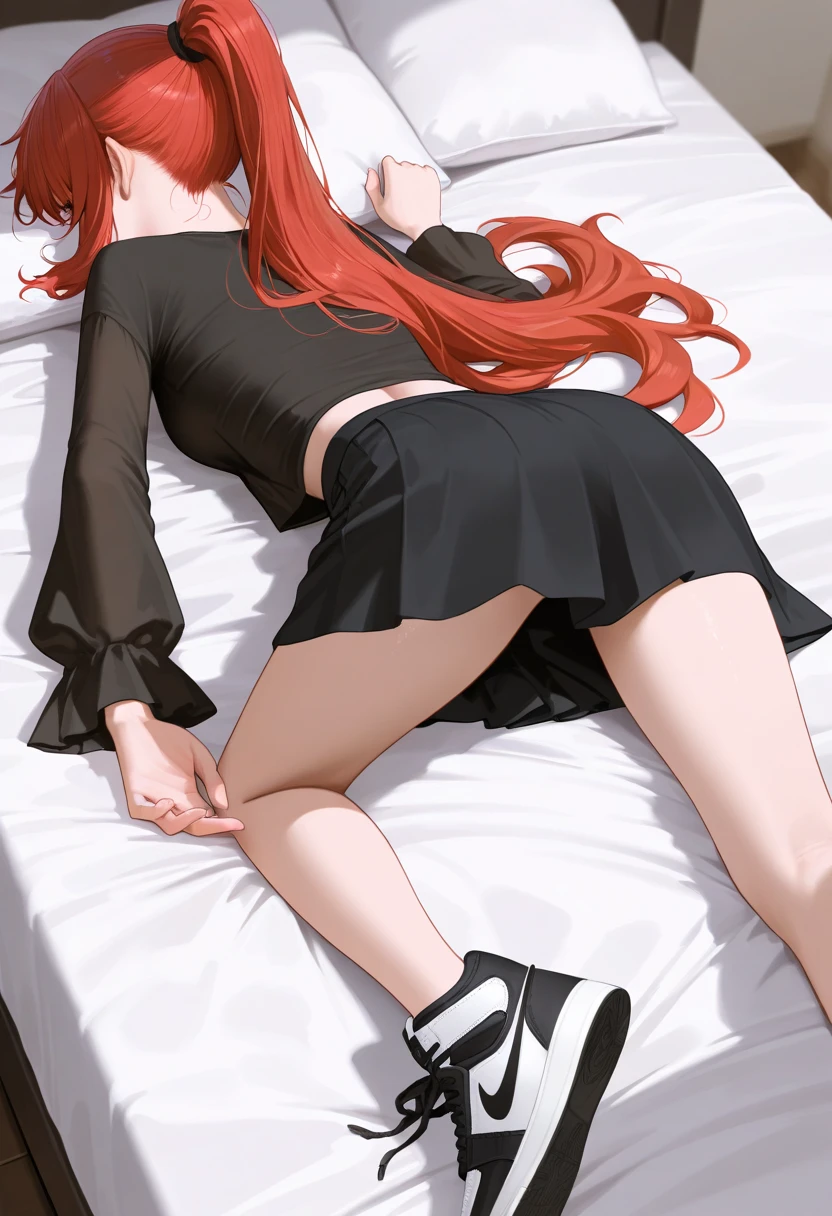1girl with long ((!red hair))), amber eyes, fox ears, slender body, fox tail,nude, sitting on bed.bluah, emabarrased. Night