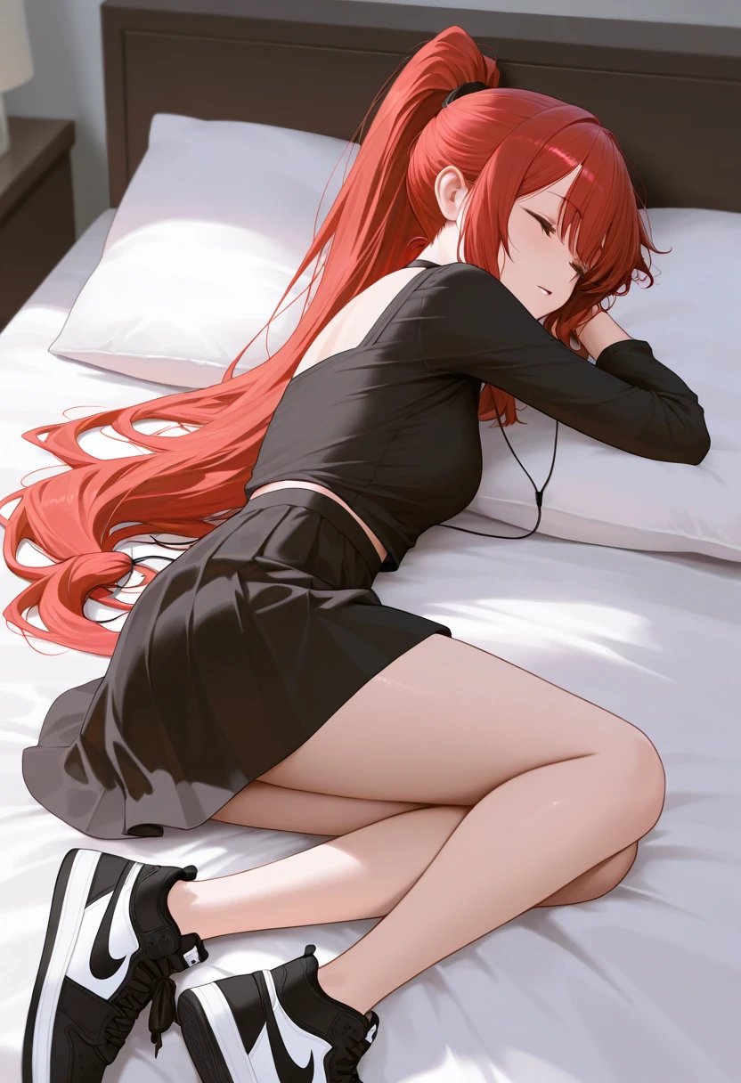 The gamer cat girl is lying on the bed and smiling