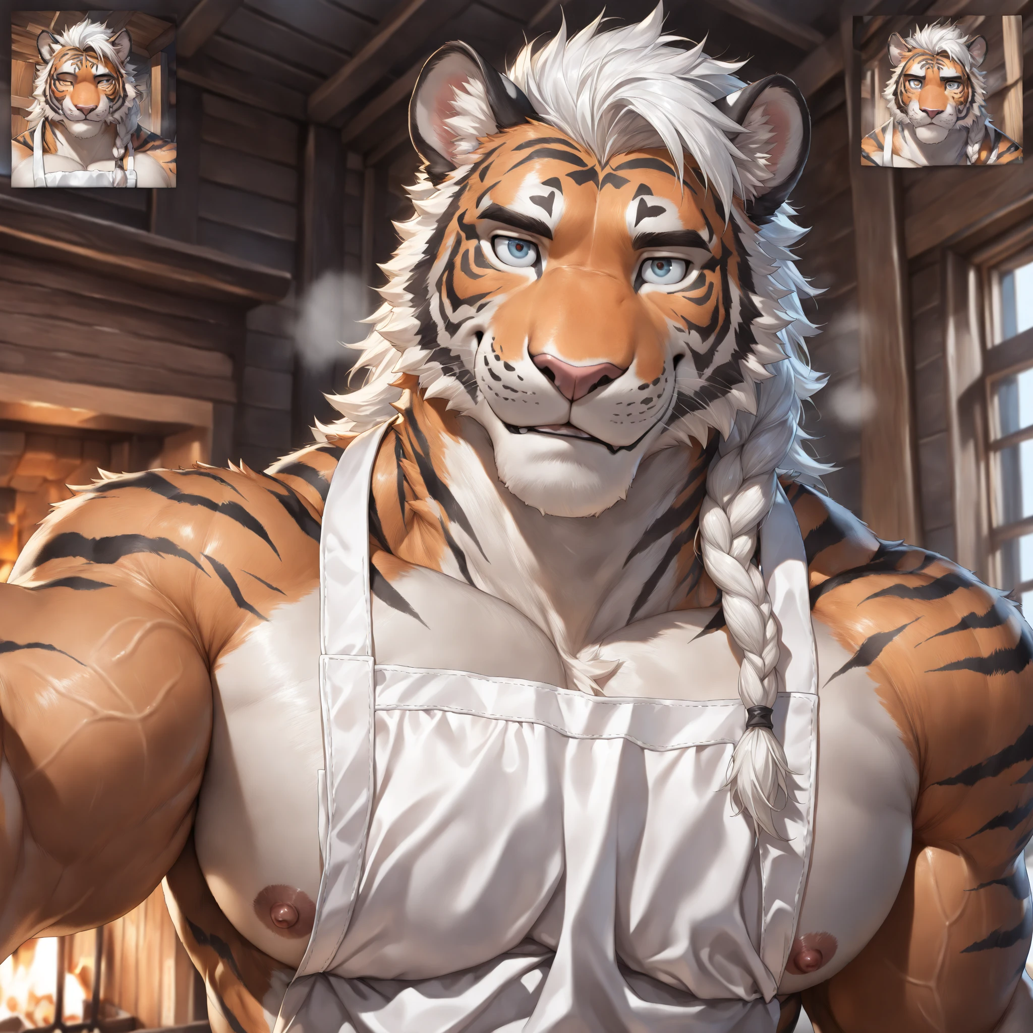 (Best quality: 1.0), (Super High Resolution: 1.0), (masterpiece, best quality:1.2), detailed, detailed hands, detailed eyes, score_9, score_8_up, score_7_up, furry, anthro, ((arcanine)), ((solo)), (manly), horns, gentle face, handsome face, huge, fluffly fur, nipples, looking pleasured, sexually, sexy pose, SFW, coffee shop, (apron), nude, bulge, flaccid, in heat, panting, sweat, sweaty, musk, (skinny, shy),  (thick thighs:1.2), (glowing body), (glowing eyes), (snout:1.1), vibrant, (slightly chubby:0.7), (muscular:1.3), hands touching, (looking at viewer), shy, blushes:0.3, close up view, (by bebebebebe, by syuro)