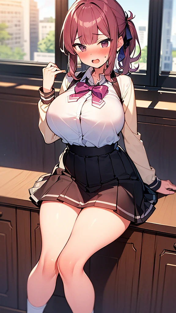 Top quality、Realistic touch,high detail、Photorealistic、, Large Breasts, [Close-up cleavage]]]]Huge sagging breasts,cleveage, The chest is more exposed，Thick thighs、Thin waist、Captive beautiful eyes、solid platinum blonde eyelashes、Full Body Esbian、Bright Eyes, cheeks red、Thin waist、In the school classroom、She is in estrus、Sailor Suit、Proud expression、miniskirt，V-shaped curve、sleeveless、Belly button、、Ponytail Hairstyle、Sailor Suit that is extremely short in length、huge 、Big Ass、From the angle from below、Big breasts visible between belly and belly、Sexy pose、See-through clothing、Embarrassed look