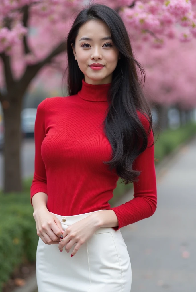 Half-length glamour portrait, nikon D850, f1.6 lens, 200mm, DSLR, 22 Megapixels, (((Tree-lined driveway leading to a private residence scene))), shot of a stunning 19 years old korean girl, (smile:1.4), (wearing Coral High-neck blouse with Bright red straight-leg trousers:1.6), ((seductive pose)), hot girl, (((big natural breasts))), (((black fringe hair))), (small girl), symmetrical face, photorealistic, photography, (bright natural lighting), gorgeous, deep cleavage, (masterpiece), best quality, high resolution, extremely detailed, cinematic lighting, (((very narrow waist))), rich colors, hyper realistic, lifelike texture, ((jewelry)), (((She has beautiful hands and wears rings))), (bracelet), (necklace), (ankle chain), (nail polish) (earrings), Fuji Superia 200, 8k
