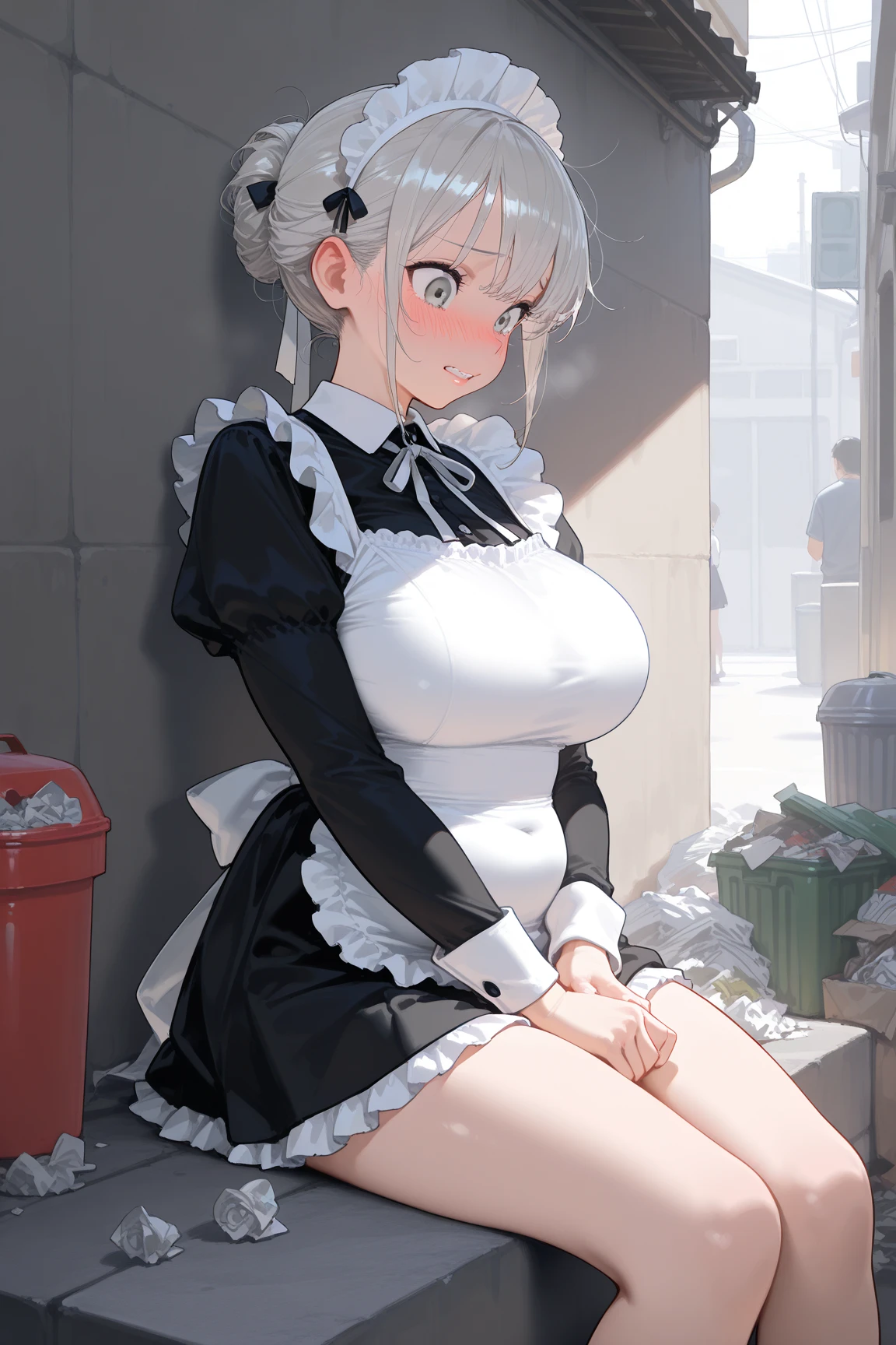 NSFW, BREAK (((Peeing:1.5、Pee:1.5))), BREAK(((Shooting from below)))、The whole body is visible、 On a luxurious princess bed,(((Urinating、holding a urinal))), BREAK (((Test:1.5))),(official art、highest quality、Unity 8k wallpaper、32k:1.3、masterpiece、super detailed、超high resolution、realistic、Photoreal:1.2)、(cinematic lighting:1.2)、fire glow effect、film grain、best shadows、rim lighting、side light、(Super detailed and complex 3D rendering)、beautiful background、detailed beautiful face and eyes、(Beautiful and sharp pupilasterpiece, high resolution、highest quality, Ultra - High resolution, maximum resolution, very detailed, professional lighting, beautiful skin,BREAK, (Perfect hands, Perfect Anatomy,Detailed Eyes:1.5,Fine eyes:1.5),(((hyoudou michiru, 独奏, black thighhighs, black skirt, , frilled skirt, detached sleeves, sleeveless shirt, white shirt, red ribbon ,maid headdress))), (((Focus on the chest、Pay attention to the panties))),BREAK, (((Surprisingly huge amounts of semen on head, chest and thighs))),Thick outline:1.3、Fine contours,BREAK (((非常にFine eyes、Eyes that reflect the light and shine beautifully:1.3、Highly detailed face、Clear Eyes)))、Beautiful Skin、Fair skin、Very bright、(((Beautiful silver hair:1.3))),BREAK (((6 years old:1.3))),Detailed face, Detailed skin, Detailed clothing, Detailed fingers, Toned Legs,Small waist、Attractive thighs、Amazingly thin legs、Incredibly slim thighs、smooth and beautiful thighs、 Beautiful legs with less unevenness、Her thighs are wet with an amazing amount of semen, BREAK 非常に大量の汗をかく,(((Amazingly large breasts:1.3、Amazingly plump and big breasts:1.5,Big Tits:1.5,Beautiful breasts、Beautiful breastsの形、Pointed Chest、The tip of the chest is sharp、Amazingly huge amount of cum and very wet all over the boobs:1.3))),BREAK (((spread your legs to the sides,:1.3,Spread your legs out to the side at 90 to 120 degrees:1.5)))、BREAK (((I-type Valley,Massage the breasts、Masturbation、toilet)))