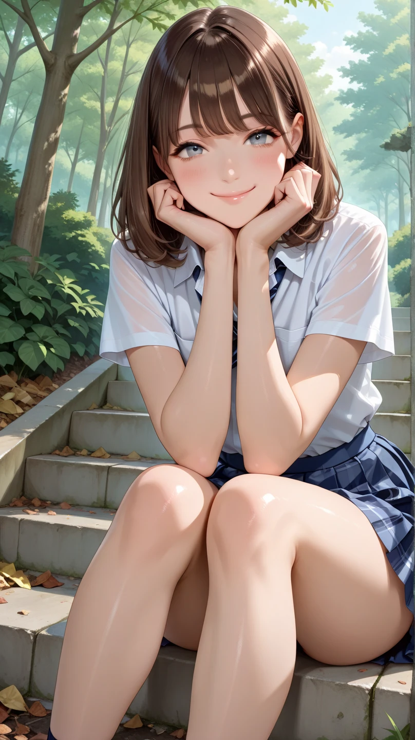 From the front, from below, white shirt, gray pleated skirt, white socks, loafer shoes, medium brown hair, blue eyes, sitting on knees, river bank, smiling