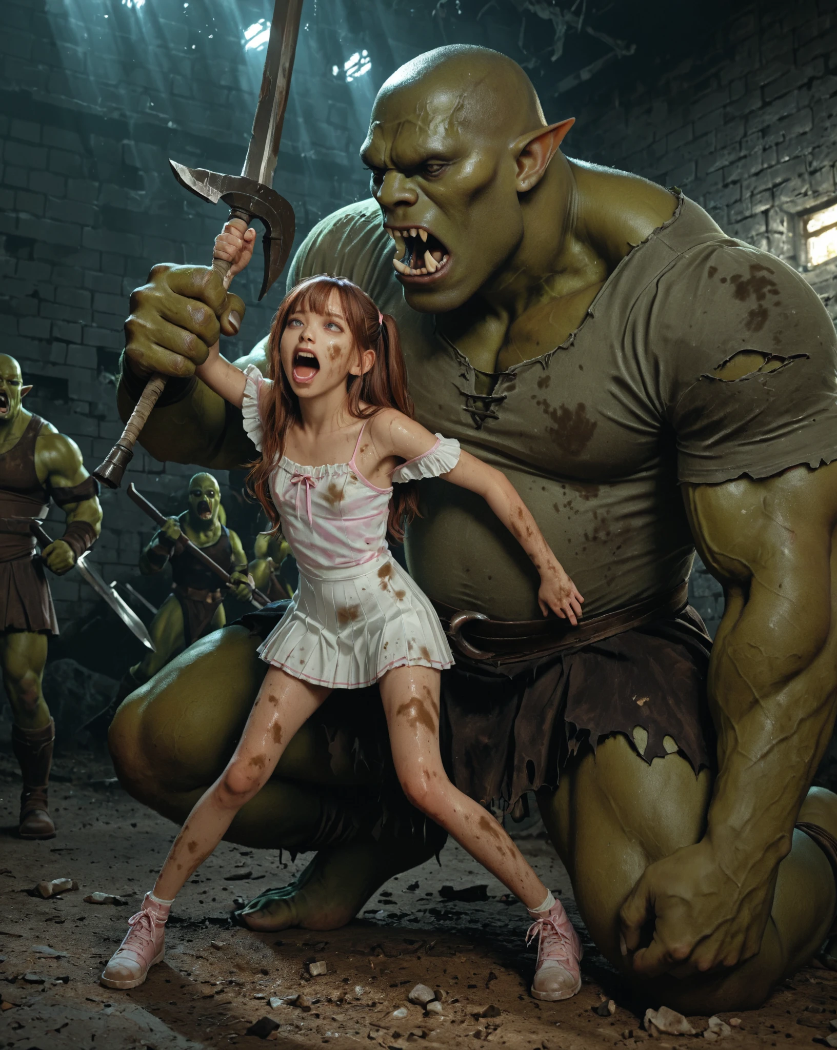 A young girl, the daughter of Severus Snape, green eyes , black hair. fighting a mountain troll in the girls' bathroom, detailed portrait, hyper realistic, dramatic lighting, cinematic composition, fantasy, dark magic, wand, spell casting, terrified expression, water splashing, rubble, high quality, 4k, photorealistic