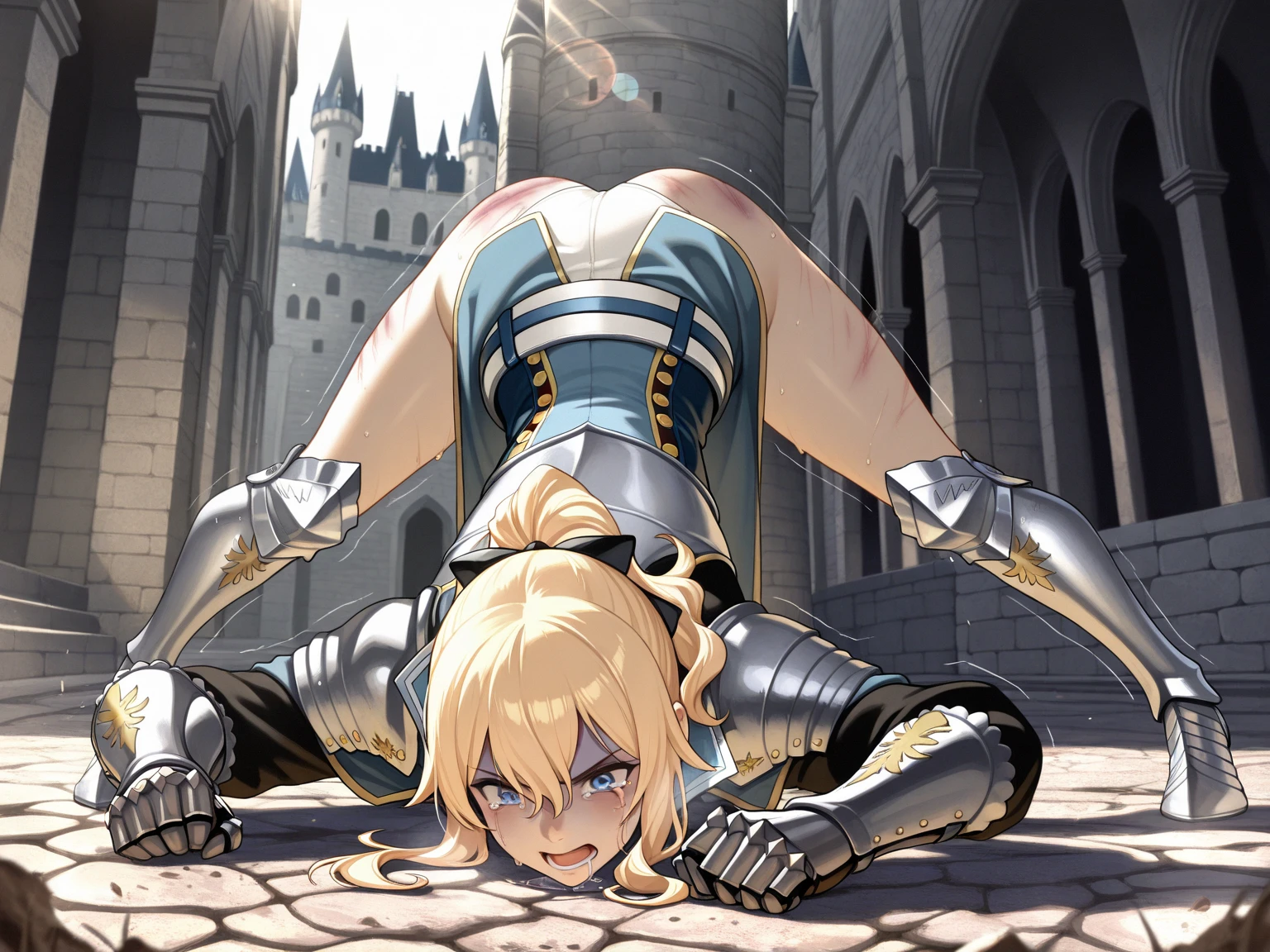 ((A young adult blond male dragoon wearing erotic armored leotard and armor plates rubbing and humping his crotch against his weapon that is positioned in between his legs)), he is breathing heavily and his body is twitching as he rubs the weapon in between his legs, NSFW, hentai, porn, erotic, 