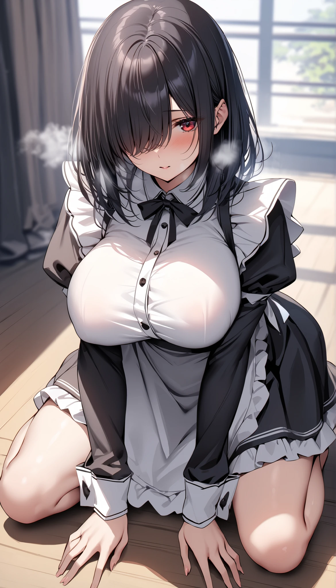 (nsfw:1.5),1girl,pov,black hair,light blue eyes,flustered,one-piece blackdress,(pov crotch:1),Embarrassed,big breast,maidapron,(White mob cap),puffy_sleeves,maid_apron, belt,thighhighs,masterpiece, best quality, very aesthetic, absurdres,(dress lift:1.5),(straight-on),(Panties)