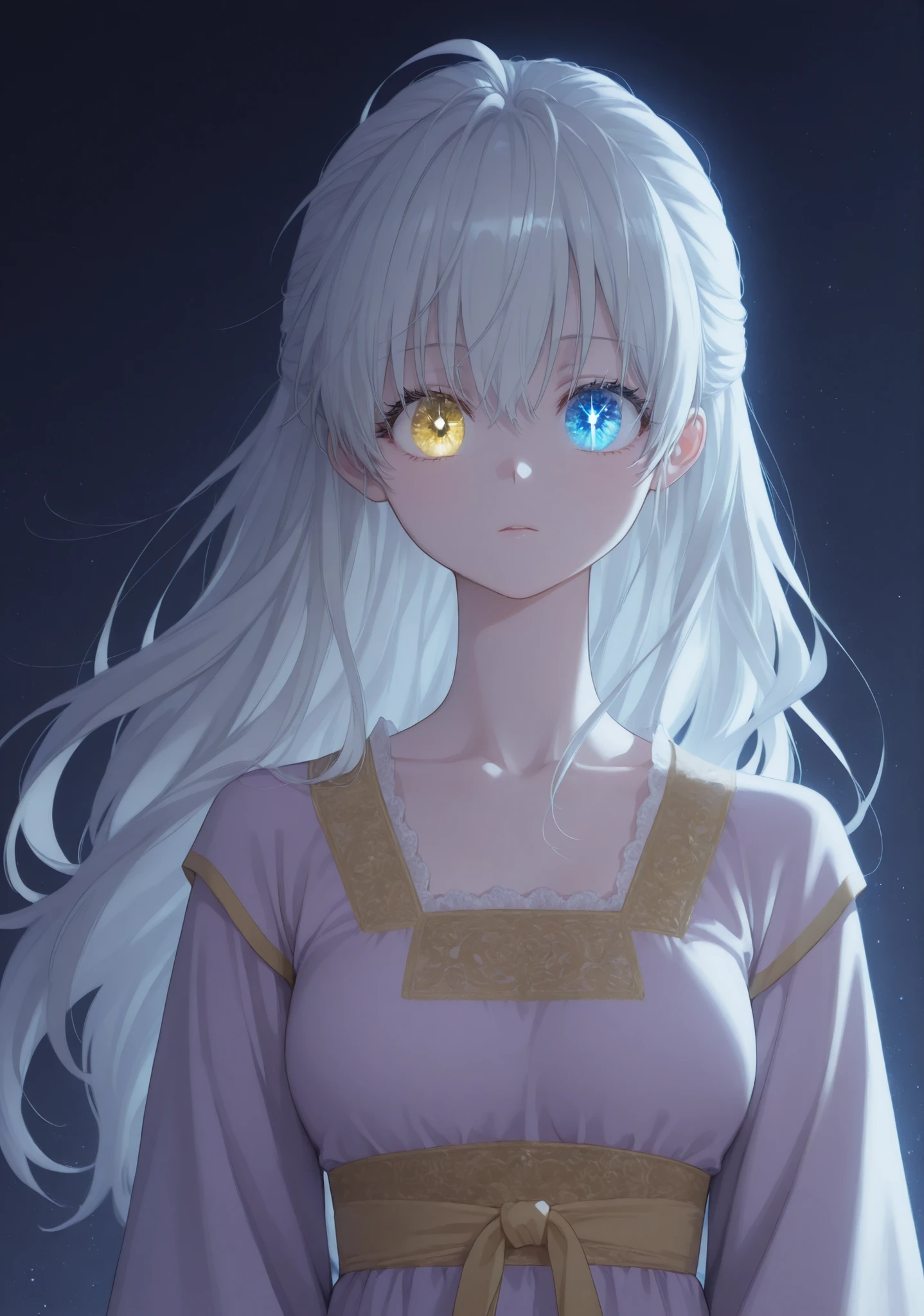 masterpiece, newest, HD Quality, safe, good anatomy, good lighting, , good resolution, beautiful, anime. long white hair. heterochromia:Sky blue right eye and Golden Yellow left eye, glitter on the eyes, dark eyelashes, piel clara, slim build, medium breasts size C. She is 18 years old, measures 1'66 cm. looking at the viewer, Alone, Simple Dark Sky Background. Wearing traditional Hanfu.