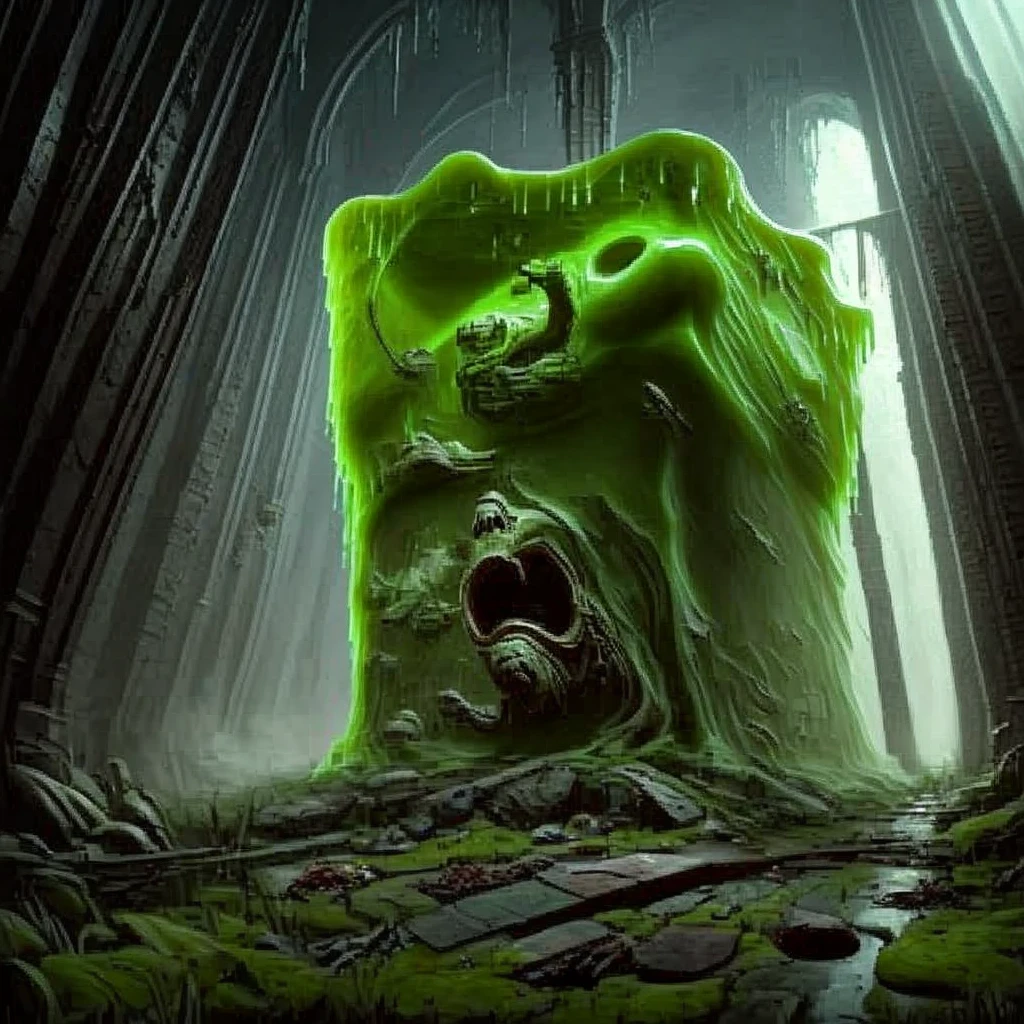 green slime monster with the shape of a lizard, its transparent slime body revealing a lizard skull and bones inside, in a comic book style, best quality, slime lizard, slime only in body, slime driping onto the floor