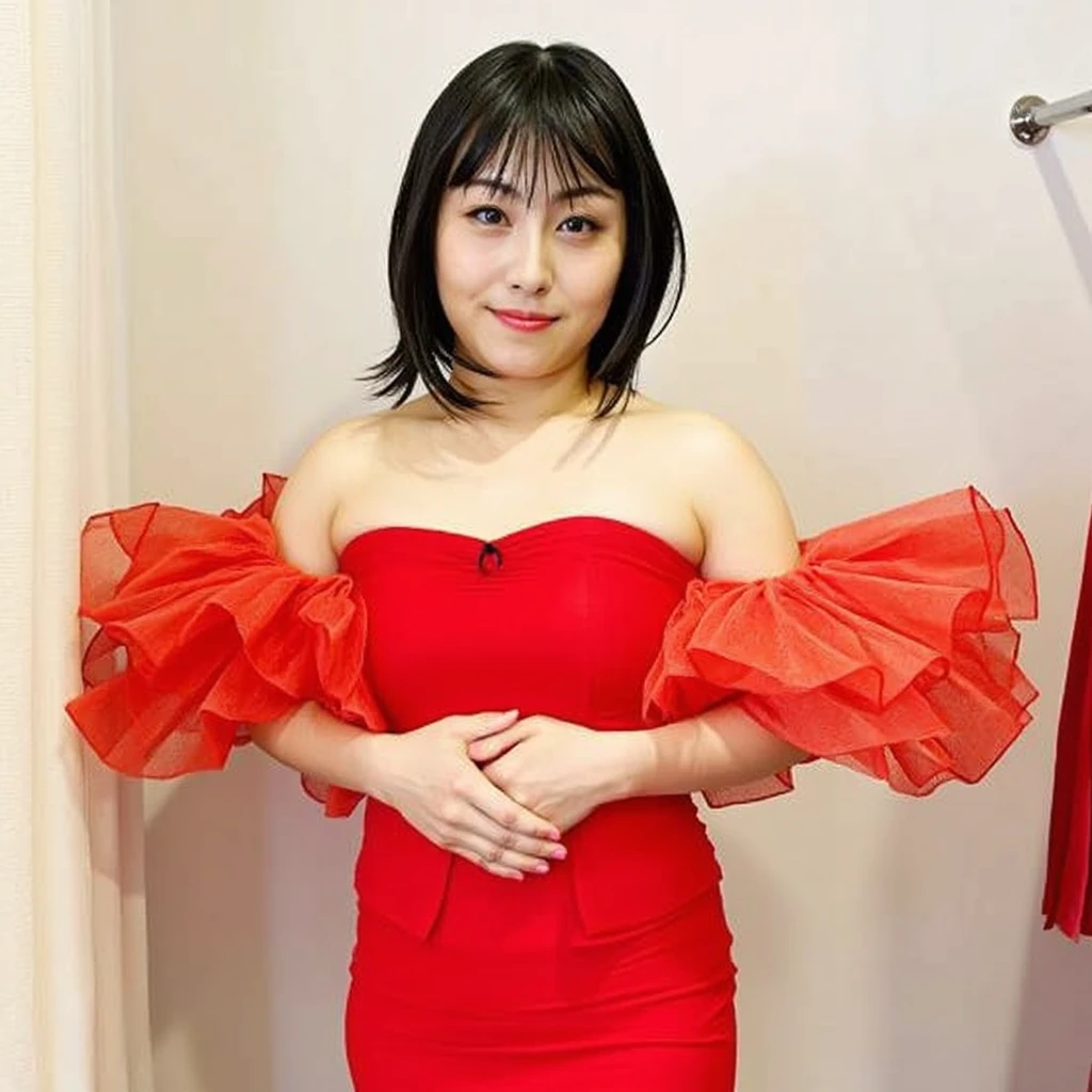 An arafi woman wearing a red dress holding a wallet and smiling, akiko takase, yuuka kazami, kiyoko suzuki, mutsumi akasaki, yasumoto oka, Yoshitomo Nara, Kazue Kato, chiho ashima, nishihara isao, narumi kakinouchi, rinko kawaichi