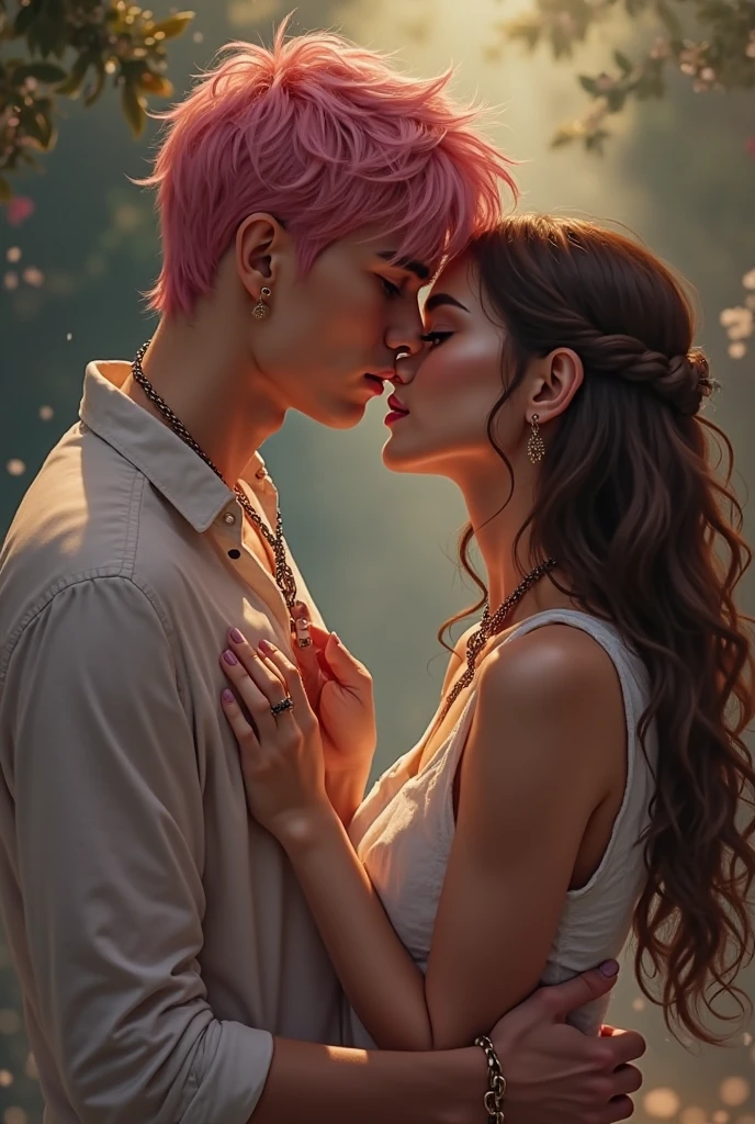 Pink haired woman taking a man in her hands 