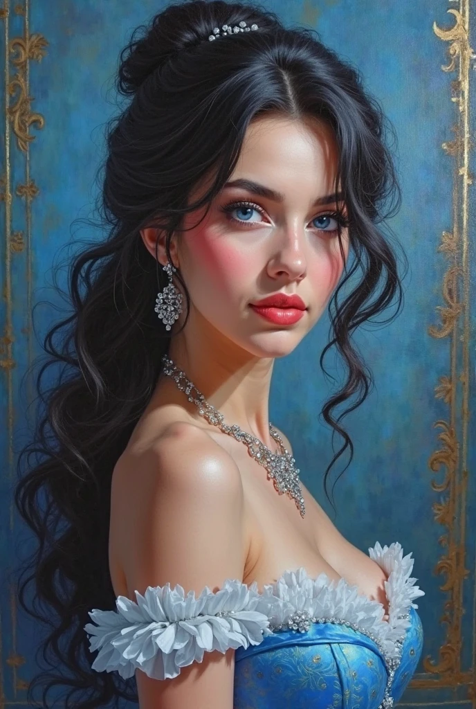 a close up of a woman in a blue dress with a white dress, a statue inspired by Franz Xaver Winterhalter, trending on zbrush central, rococo, elegant lady with alabaster skin, curvaceous. detailed expression, biedermeier, john currin, artdoll, 1 7 th century duchess, curvaceous. detailed