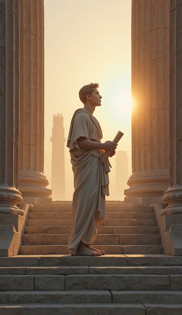 Generates a young white man, white and short blonde hair, with a white tunic, in the hands with a palm leaf and a book, he looks at the sky, with a Roman coliseum background