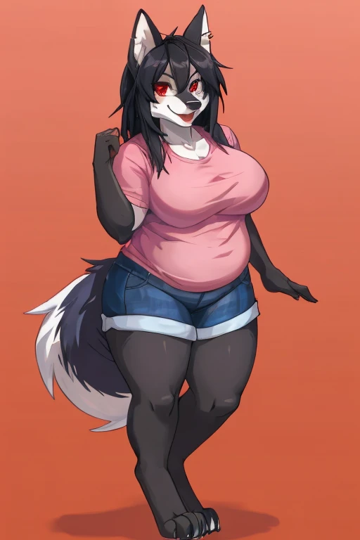 female, wolf, anthropomorphic, big breasts, big ass, black hair, slightly chubby, (((1girl))), (((red shirt))), (black hoodie), (black pants), (white sneakers), full body, cute and sexy, grey skin, long legs, smiling
