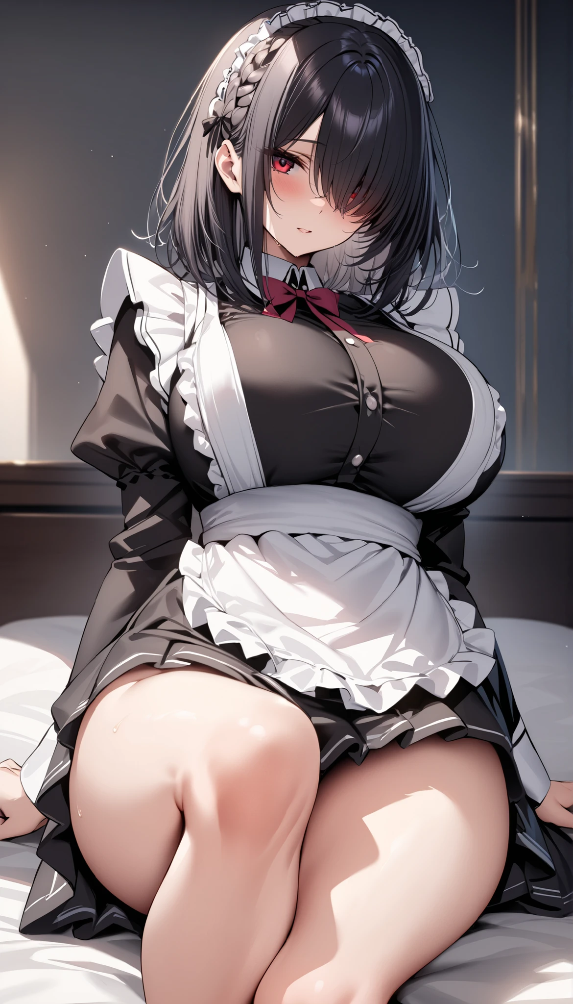 NSFW:1.3,28-year-old female、Angry face:1.3.Teeth grinding:1.3,Glare、Long black hair ponytail、Frill Scrunchie、naked:1.3, exposed:1.3,Maid outfit black and white:1.3,Having intense sex:1.3.Spread your legs:1.3,The penis is inserted into the vagina:1.3,rape:1.3,Wet:1.3,(Slit eyes、Brown eyes、tall、Big breasts)、Dark bar interior