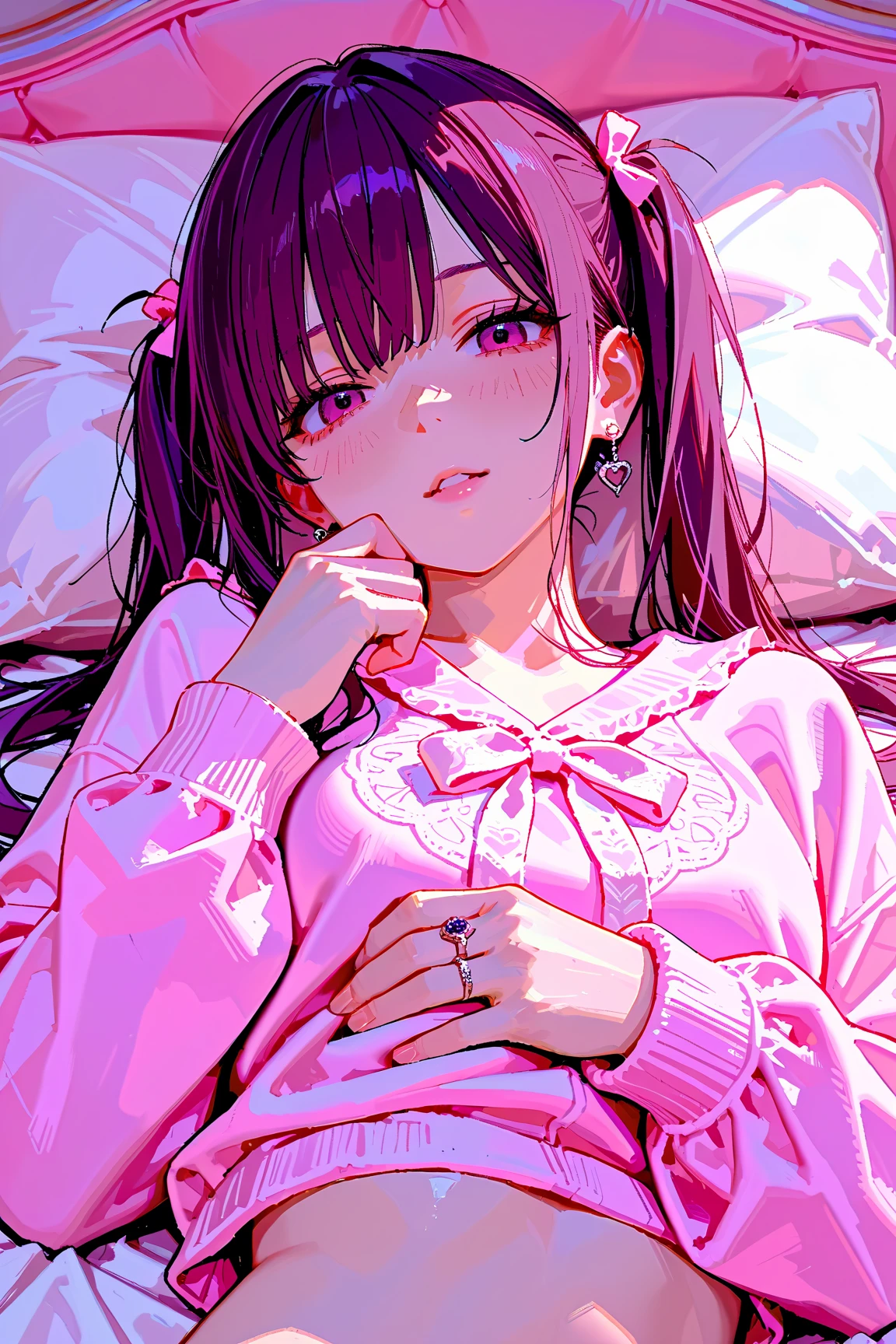 Pillow is a fair-skinned girl with black button eyes and carnation pink cheeks. She has neck length curly violet hair with bangs. She wears a thin headband with a big magenta bow on the right side.
Pillow usually wears a pair of pajamas whether she's in bed or not. Her favorite pair has carnation pink and magenta stripes and three buttons on the right side. It is trimmed with white and tangerine orange stripes on her cuffs, collar, zipper segment, and heart patch on her right knee. SPARKLE; GLITTER