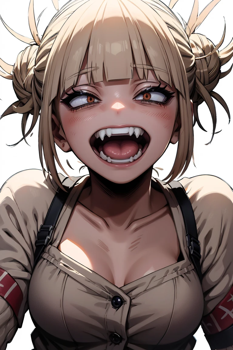 masterpiece, top quality, best quality, 1girl, Toga, (fangs), (unusual pupils), (smile), messy hair, (spikey choker), crazy blushing,