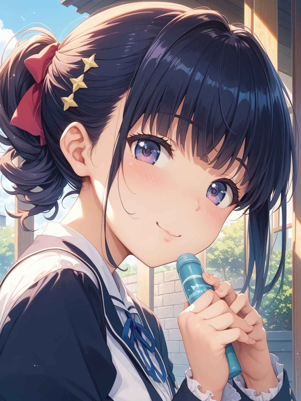 looking ahead,from above,slouch,handjob,side view,face focus,open mouth,tongue out,cum on tongue,Licking a white dildo,(1girl,Beautiful 14 year old girl),((Slender,Small breasts,Baby Face,Small face,)),looking at viewer,Black Hair,bangs,two side up,Gray Eyes,Drooping eyes,slit pupils,narrow eyes,,Short sleeve shirt,Grey checked tie,Grey checked mini skirt,Navy blue socks,Beautiful and detailed anime art,Mischievous smile,Dimly lit room,Simple Background,Gray background,Low lighting