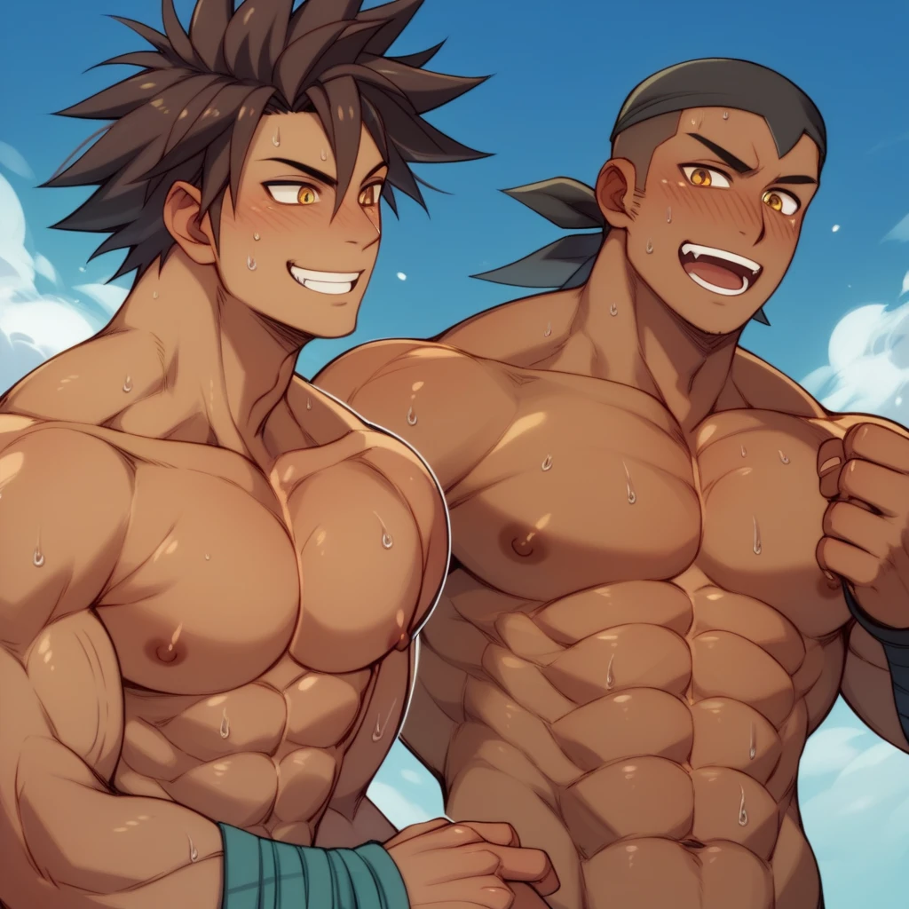 male, (full nude, only fundoshi, ) smile, garden, muscular, hairy, blush, big bulge, realistic, (scolded by many children, )