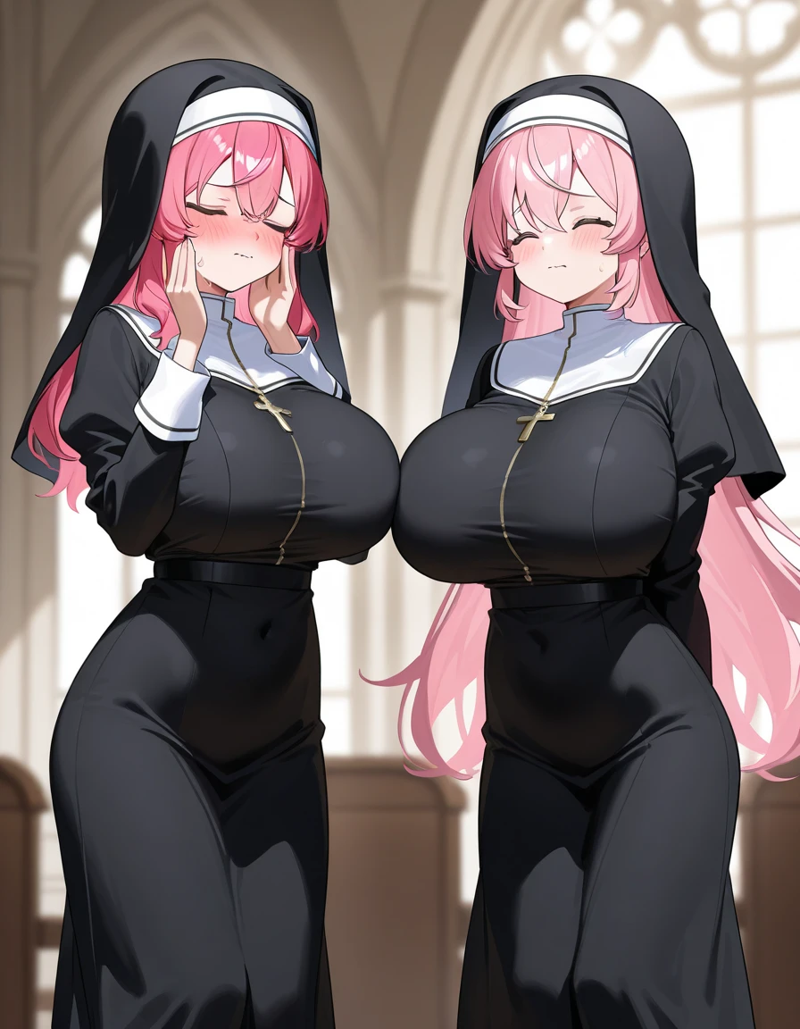 inugami korone,nekomata okayu,2girl,Females in heat,blush,open mouth,nun costumes,collar,gigantic huge breasts,looking at viewer,Taken from the viewpoint above,upturned eyes,near,standing up,Lined up,Otherworldly town,SFW