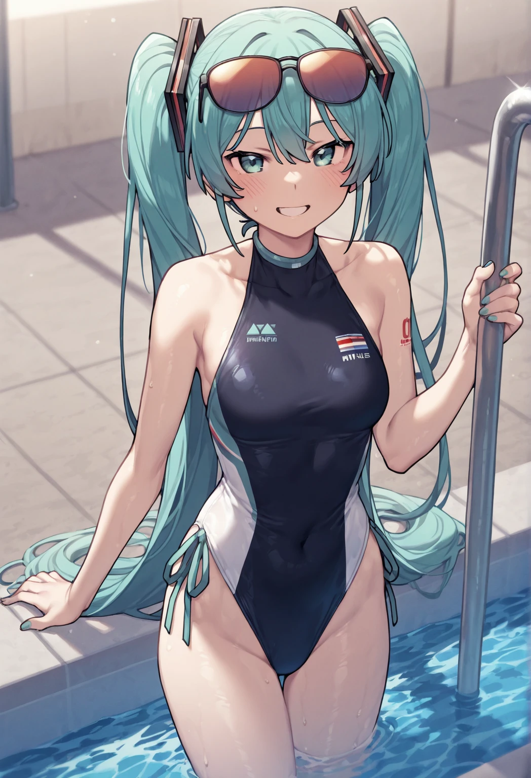(master piece), (best quality), (4k definition), (anatomy; perfect), Hatsune Miku character, 1 girl, fair skin, blue eye, blue hair), (Locks, bangs), hair tied on both sides , (hair lighting effects), eyebrow, nose, ear, tight mouth, smile, (bright skintight swimsuit), thick legs thick thighs, standing, backdrop, in the park, beautiful day, lighting, looking at the Viewer