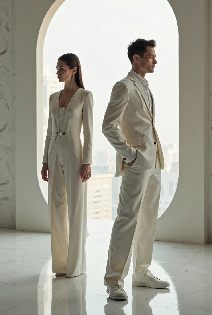 a couple (man and woman) standing back to back and holding hands. They are painted in white and with fine lines like cracks with gold (like Kintsug). The background is white