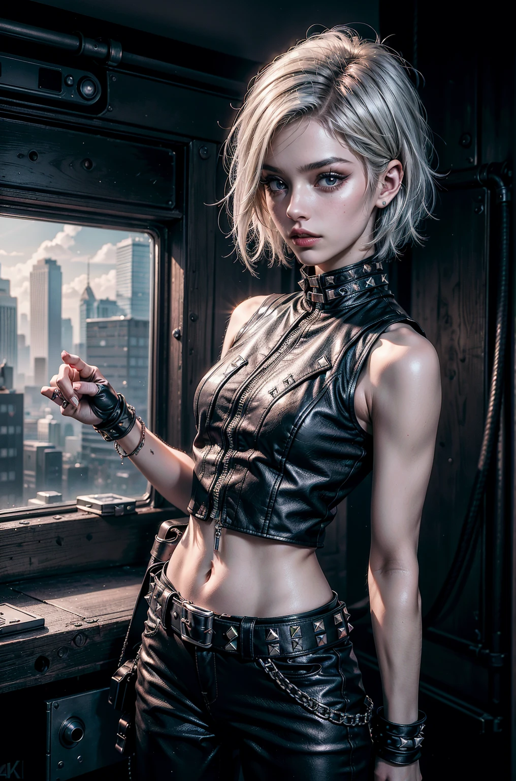((Best quality)), ((masterpiece)), (detailed), ((perfect face)), ((half of the body)) perfect proportions, he's a bad boy, 18 years old, he has disheveled long silver hair pulled back in a ponytail, green eyes, badass, he's sexy, He has a lot of piercings, he wears black skin, he has tattoos on his arms, he wears tight trousers and army boots, he wears accessories with spikes. It's against the background of a night city ((perfect to do)) The whole body+
