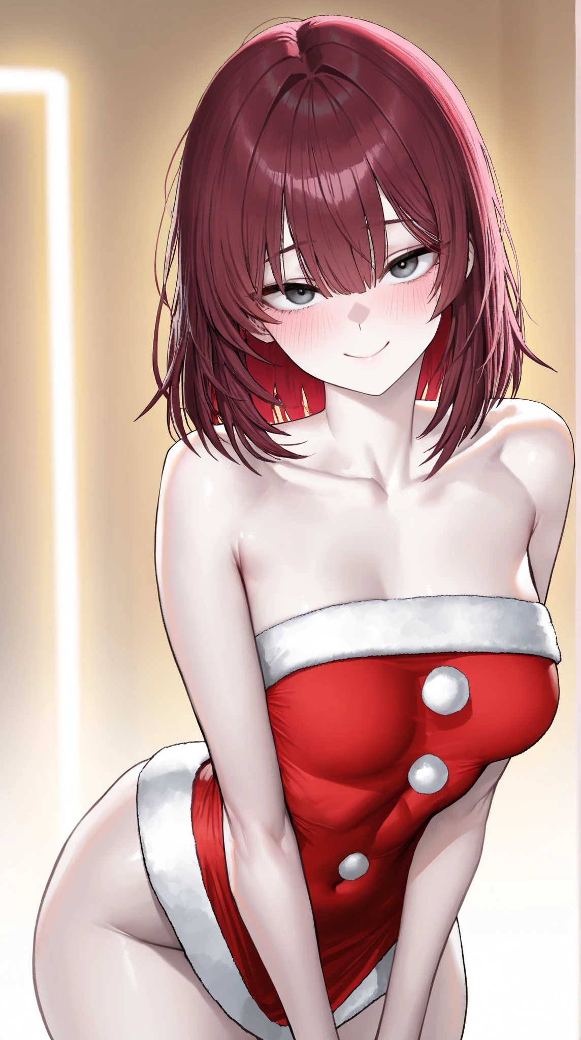 (8K、Top image quality、top-quality、masterpiece)、A detailed face、1 girl in、red hairmedium hair、blunt bangs、red eyes、piercings、Jagged teeth、laugh、Moderately breasts、((red playboy bunny))、white pantyhose、Red High Heels、armpits、Show the armpits、squatting、open legs、Taken from below、Stage Background