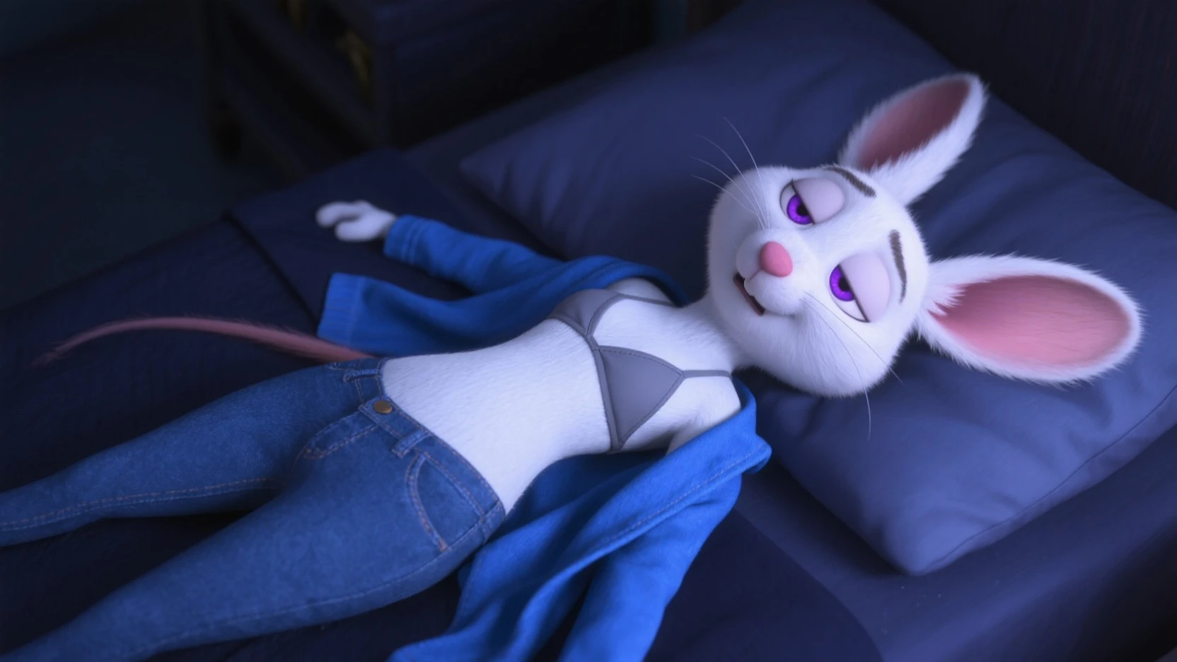 ((living inflatable))), (((inflatable skin))), ((humanoid inflatable judy hopps)), ((inflatable made out of inflatable shiny plastic)), ((in style of zootopia)), lay on bed, bikini