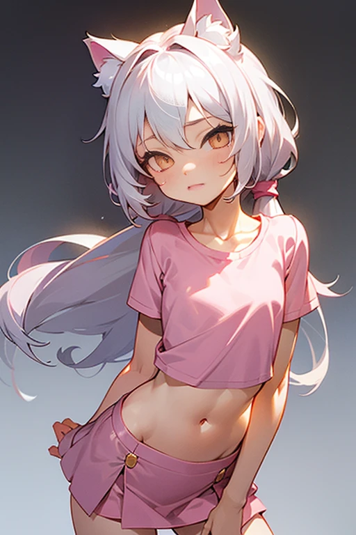 1girl, silver hair, golden eyes with pupils, ((skinny)), ((petite)), small, ((neko)), (cropped solid pastel pink tshirt), long hair, short skirt, (((???))), cat ears, happy, blush, midriff, at school