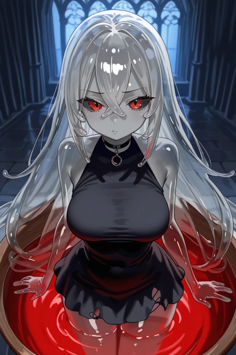 vampire, pale skin, red eyes, in a pool of blood, red water, naked, naked, naked, drinking blood, looking at viewer, ahegao, sultry expression, 4k