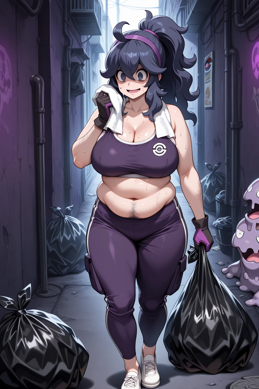 miserycs,1girl,hovering,facing viewer,character portrait,crop top,full body,midriff,baggy pants,night,in field,marble ruins,white skin,masterpiece,best quality,short hair,sleeveless, (large breasts:1.6)
