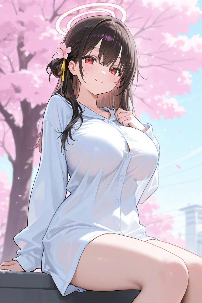Pixiv style, A high resolution, Hyper-realistic, Anime style, 4K, A woman who is. Japanese high school student sitting on a park bench. High school sportswear. sweatshirts. Shoot sideways from diagonally. The woman looked up at me,Smile with your mouth closed. The woman's face is written accurately. medium hair length. Slightly larger breasts. Model type woman. Extremely precisely drawn female eyes. Beautiful female face. Two legs. Two arms. Five fingers to write,extremely precise, Peaceful Japanese park,rich greenery.Pregnant belly,Pregnant women with,a navel