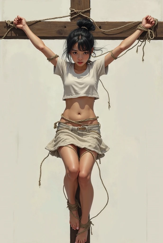 1 girl, realisitic, Raw photo, japanaese girl, (fullnude:1.9), (Beautiful and cute face:1.4), 18year old, bobhair, Black hair、(Crucifixion in an abandoned city:1.5)、 (Binding limbs to the cross with barbed wire:1.5), not any dressed、(mid night:1.4 ), moonlights