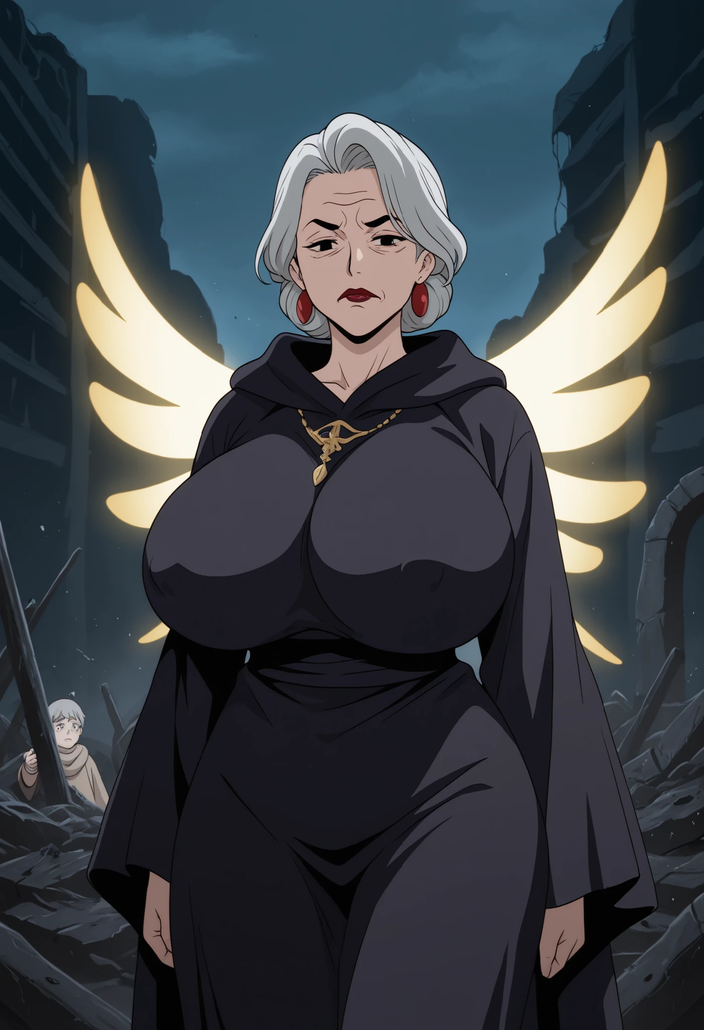 Grandma. gray hair, black eyes, short hair, dark red lips, wrinkles, earrings, makeup, huge saggy breasts, cowboy shot, frown ,looking at viewer, masterpiece, best quality, amazing quality, old woman and young guy.| young boy. 1old woman. The eoung boy King and mature woman Queen of Hearts from "Alice in Wonderland" are depicted in a state of ruin. Their once magnificent robes are tattered and torn, and their golden huge angel wings are dented and tarnished. They stand side by side, gazing out over a desolate post-apocalyptic landscape. The sky above is a dark, ominous red, casting an eerie light over the scene. The ruins of their former kingdom stretch out before them, the once grand castle now reduced to rubble. Despite the devastation, the young King and old Queen maintain a regal bearing, their expressions stoic and dignified. The scene is a poignant reminder of the fleeting nature of power and the inevitability of decay, neon wings, glowing