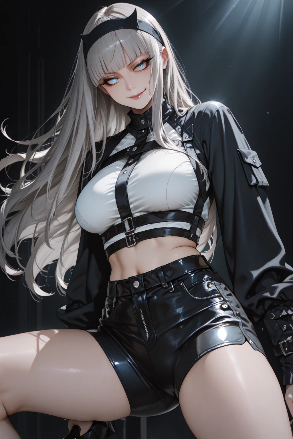 young girl, long white hair, cat ears, purple eyes, leather jacket, briefs, tear a stocking, black top, open your stomach, Lots of scars, nippers, fury, masterpiece, high quality