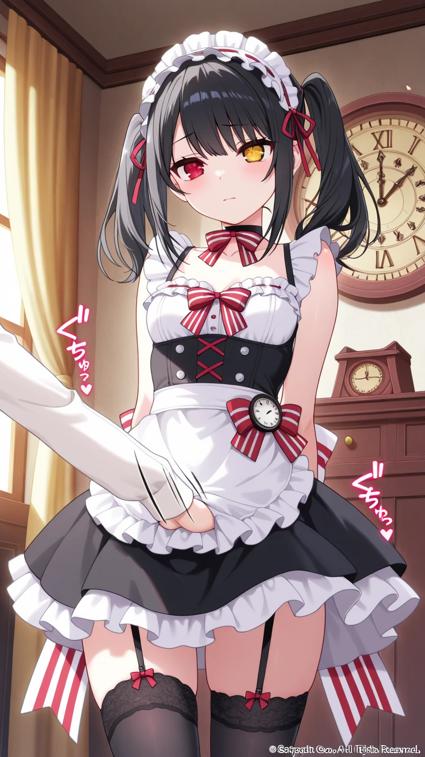 Highly detailed and realistic CG, Colorful, Masterpiece, Best Quality, magnificent, jewel-like eyes, 1girl, solo, small, 18+ petite teen, mesugaki, pink hair, long hair, nun cassock clothing, priest, black wedding veil, black bridal gauntlets, closed eyes smile, church, marriage, from pov, medium breasts, contrapposto, hair intakes, unexposed, skindentation, daizu, black highleg string panties, cameltoe, heart tattoos, :3 face