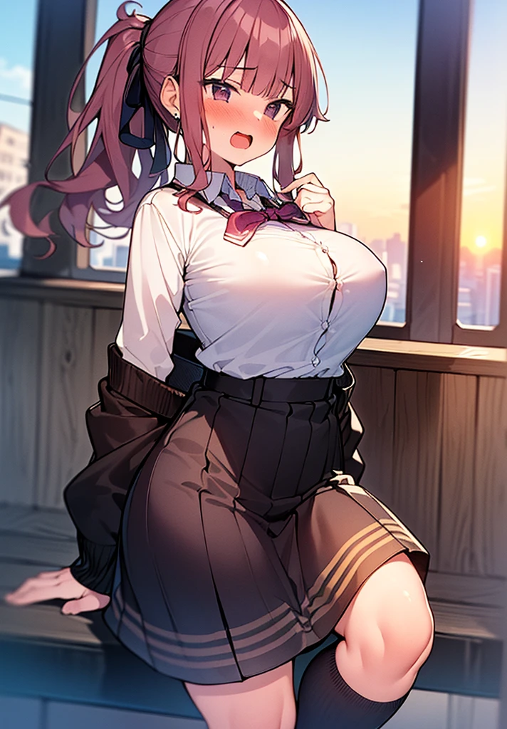 ((best quality)),((highly detailed)),masterpiece,absurdres,detailed face,beautiful face,(detailed eyes, deep eyes),1girl,  Tomo, , solo,  red eyes, short skirt , sky, day, cloud, pleated skirt, leopard print panty, outdoors, looking at viewer, open clothes, standing, loose white shirt showing cleavage, Gyaru, Big breast, tanned skin, Glossy lips, a lot of earpierce, Necklace,Bracelet, Half eyes expression, Smirk, feminim,1girl,Solo,Spouty mouth,Big hair,Heart shaped emotion,Bored expression,Thick lips,colored Long nail,Stylish wavy hair,Celeb wavy hair,Tight tights,Plump,Curvy figure,top knot Ponytail,wavy ponytail,H cup,Gyaru rings,Gyaru accesories,Big bouncy breast,Curvy figure,Half eyes open expression,((long sleeved green colored Sweeter v neck school uniform )),cleavage,Spouty mouth expression,1hand in hips,1hand in cheek,Solo,Leopart print hairtie