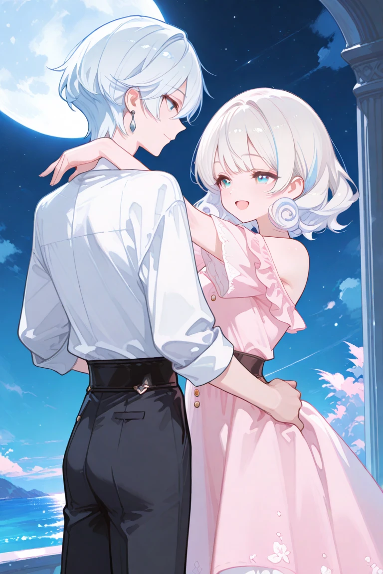 Drawing of a man holding a woman in his arms princess style, emotional image, concept art of love, fan art, Inspired by Gege Akutami, The girl has short pink hair and green eyes, The boy has white hair and blue eyes, clear skin,high, mature traits.