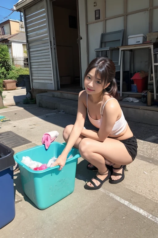 In the garbage heap,Sexy standing pose,Long hair with a shawl,Garbage all over the ground,grimy,Dilapidated,Devastated,White transparent bikini,best qualtiy,full-body portraits(1:1),18 years old girls,lean and slender body,Skinny,Smaller bust,The barefoot,junk,exhibitionism,exhibitionists,no clothes are worn,don't have clothes
